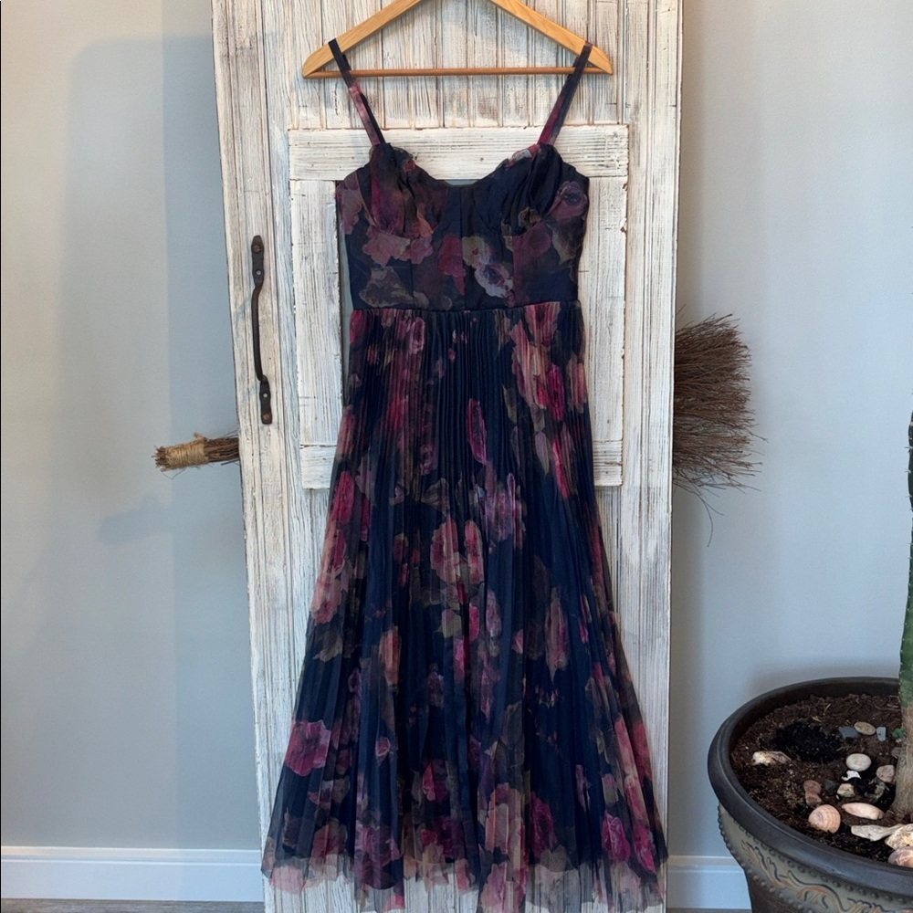 Lulu's Floral Accordion Pleated Maxi Dress Fitted Bustier top Navy Pink Size S